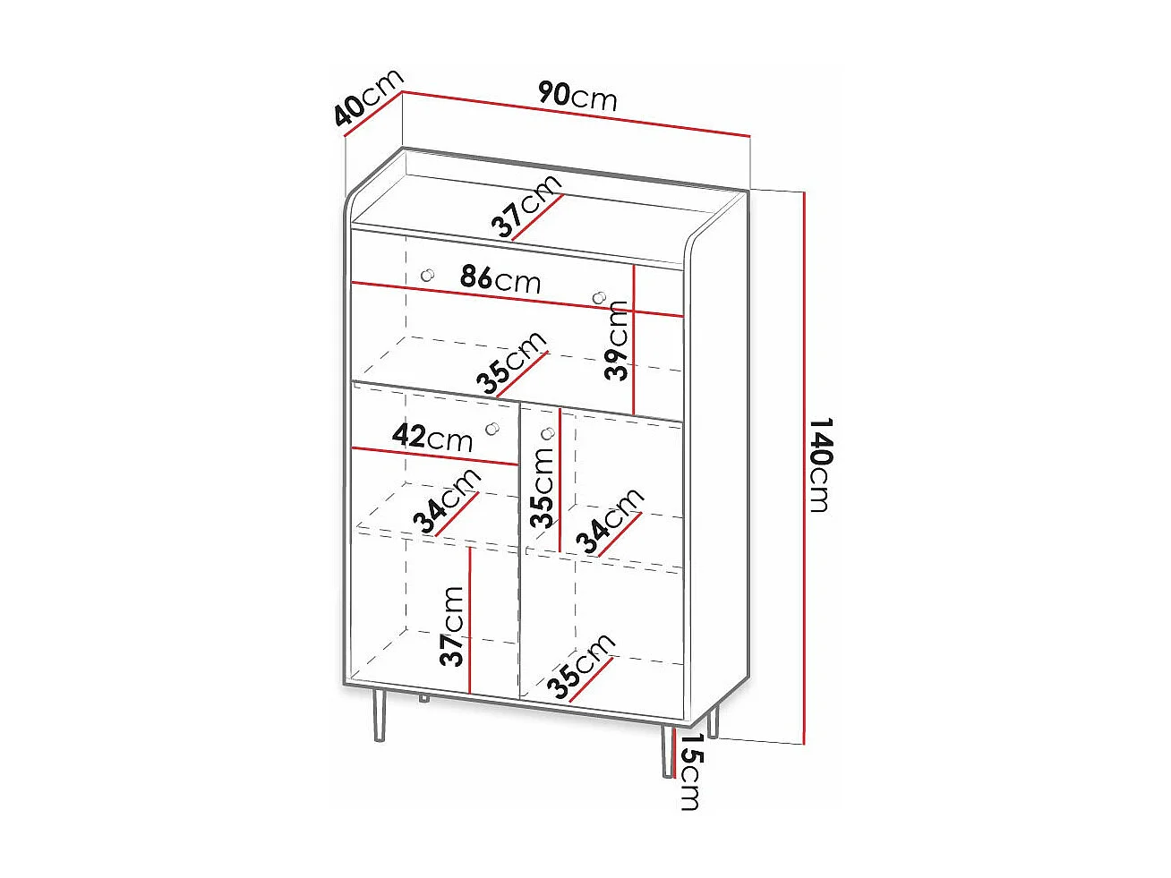 Aparador Ferenou 102, Roble oscuro|Negro, 140x90cm, Número de puertas: 240cm