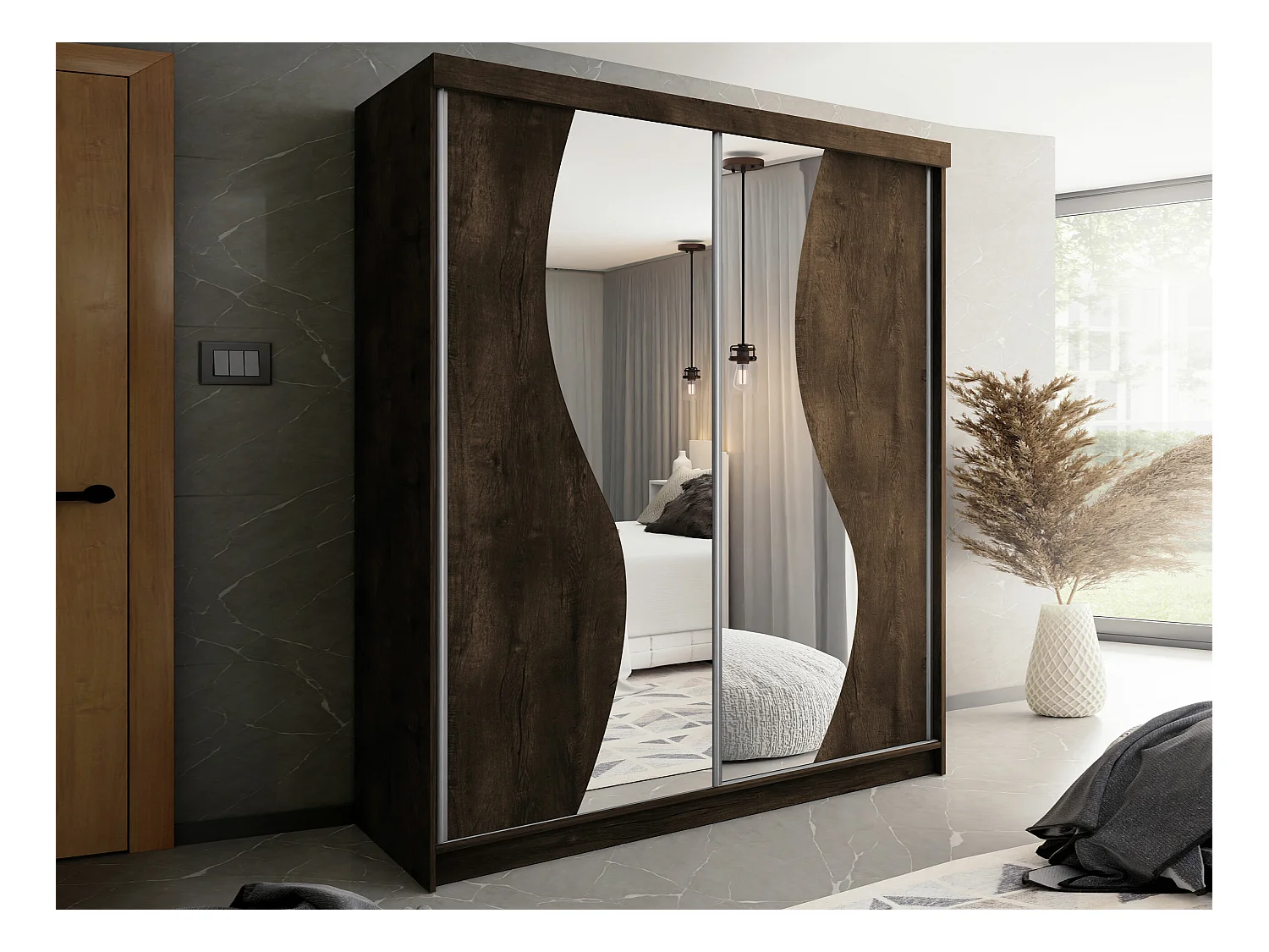 Armoire Dover 105, Chêne sombre, 200x200x62cm, Portes d'armoire: Coulissantes