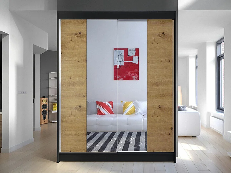 Armario Closico 141, Negro|Roble Artisan, 200x150x58cm, Puertas de armario: Correderas