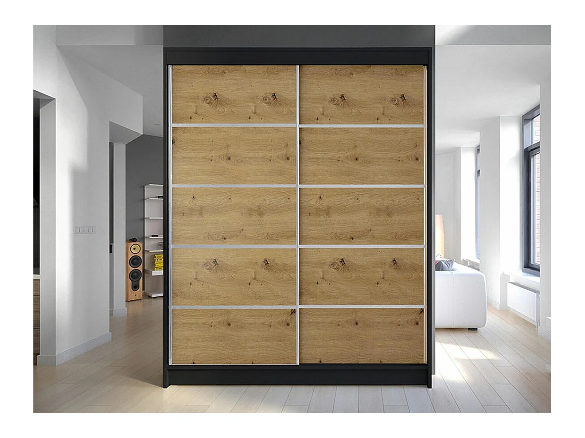 Armario Closico 145, Negro|Roble Artisan, 200x150x58cm, Puertas de armario: Correderas