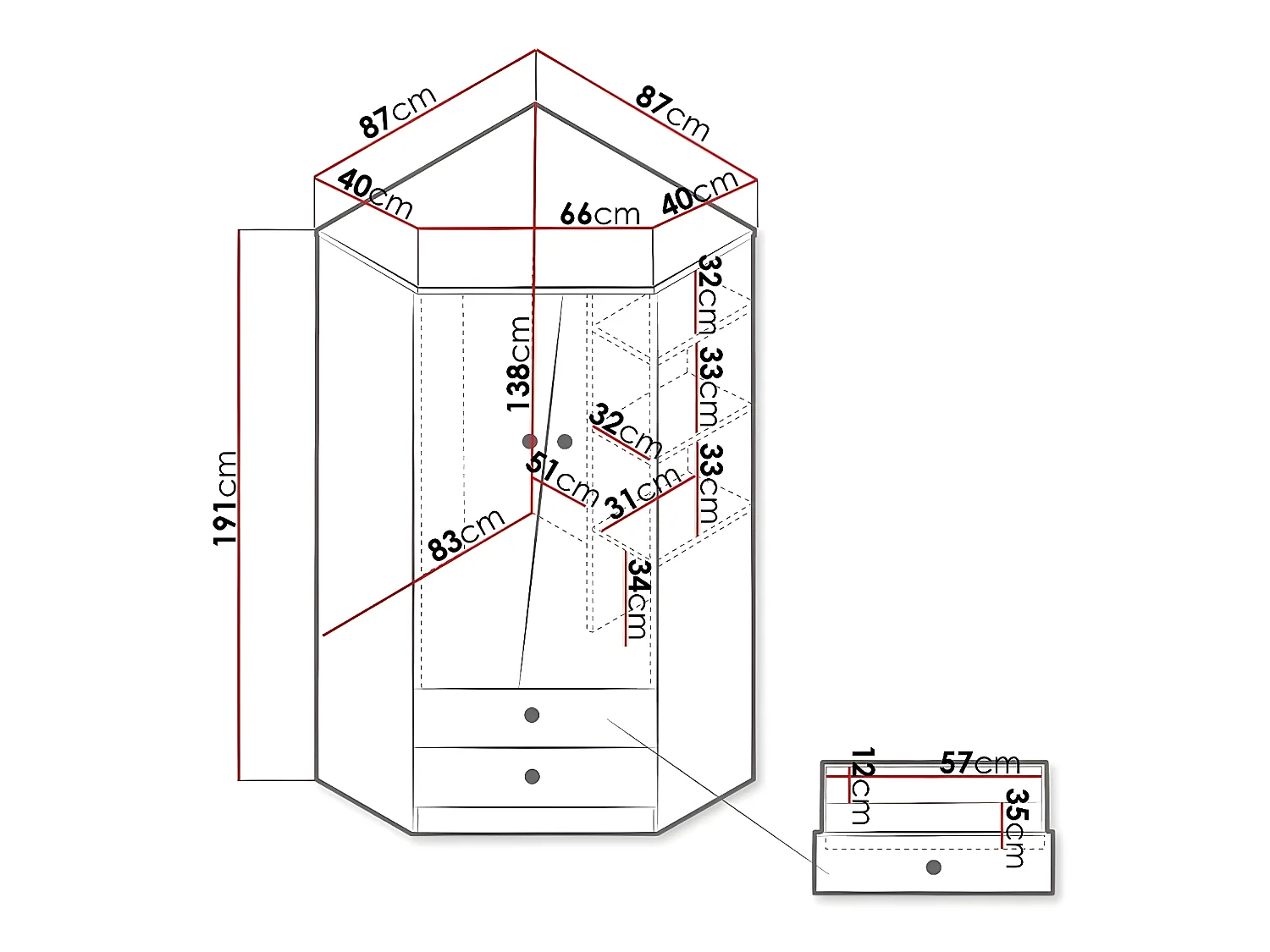 Roupeiro para cantos Akron M101, Número de prateleiras: 3, 191x87x87cm