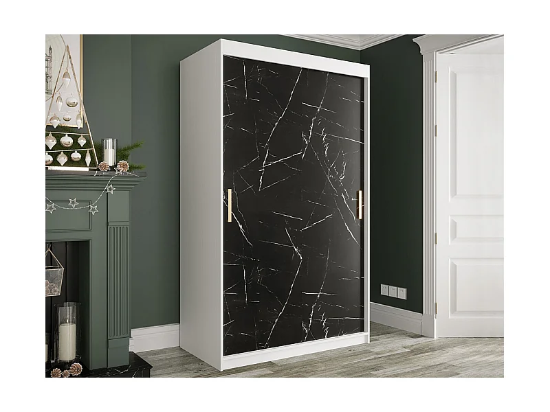 Armoire Hartford 247, Marbre noir|Mat blanc, 200x120x62cm, Portes d'armoire: Coulissantes