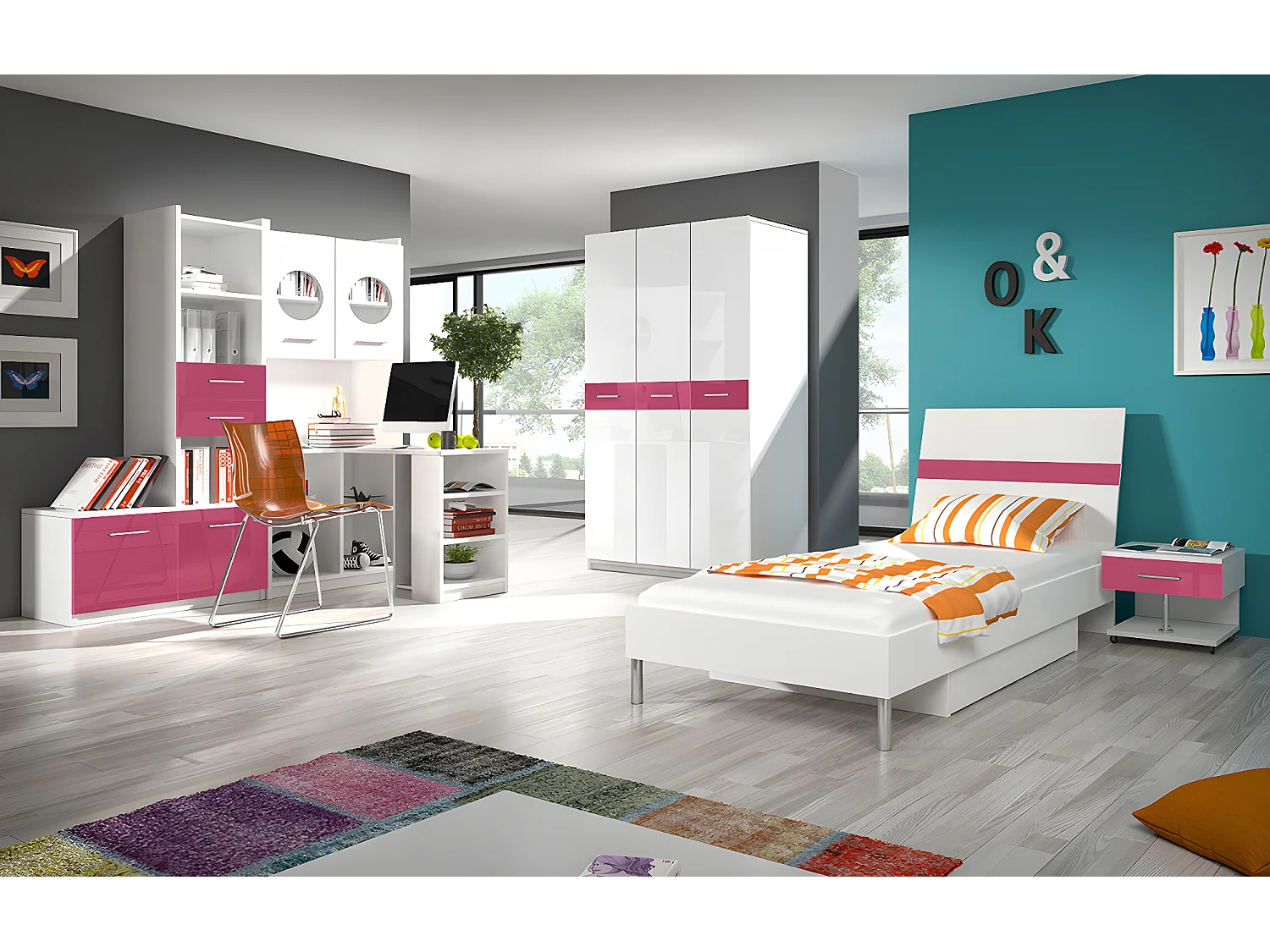 Armario Salmere 107, Blanco|Rosa brillante|Blanco brillante, 198x120x55cm