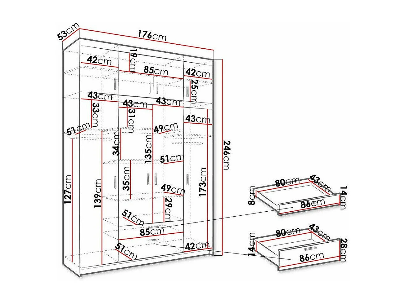 Armoire Novduni 106, Sonoma chêne, 246x176x53cm, Portes d'armoire: Avec des charnières