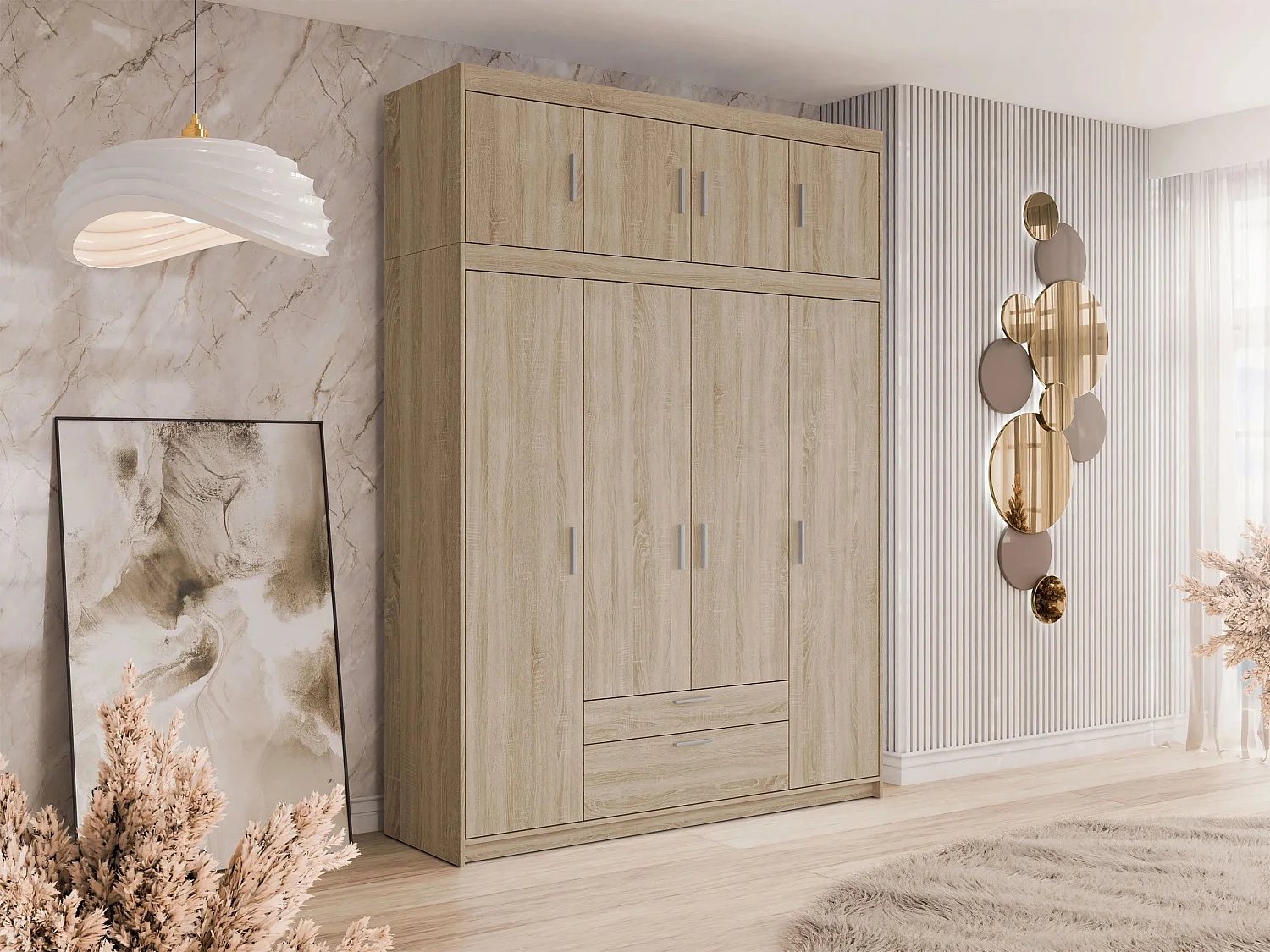 Armoire Novduni 106, Sonoma chêne, 246x177x53cm, Portes d'armoire: Avec des charnières