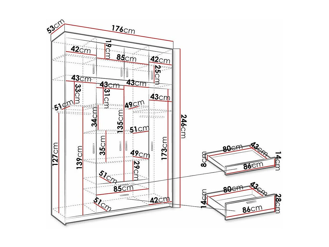 Armoire Novduni 106, Sonoma chêne, 246x177x53cm, Portes d'armoire: Avec des charnières