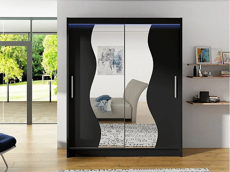 Armoire Closico 134, Noir, 200x150x58cm, Portes d'armoire: Coulissantes