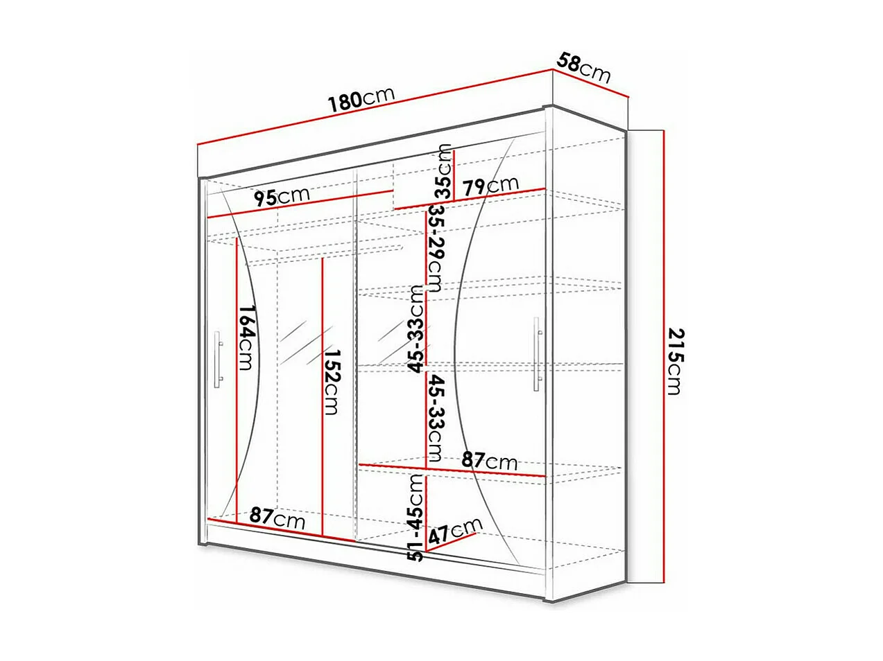 Armario Closico 124, Negro, 215x180x57cm, Puertas de armario: Correderas