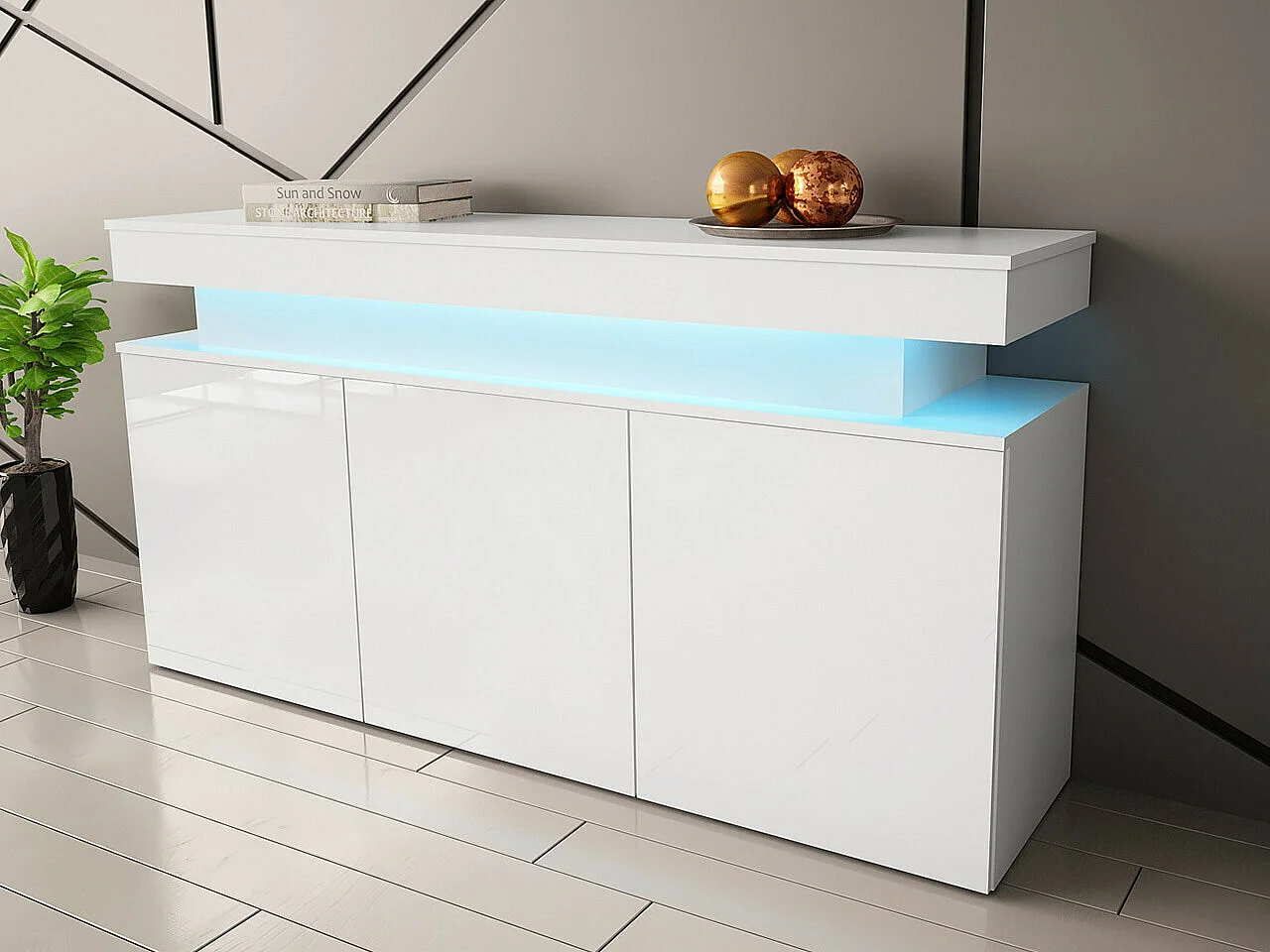 Aparador Monfero 101, Blanco|Blanco brillante, 83x160x39cm, MDF|Aglomerado laminado