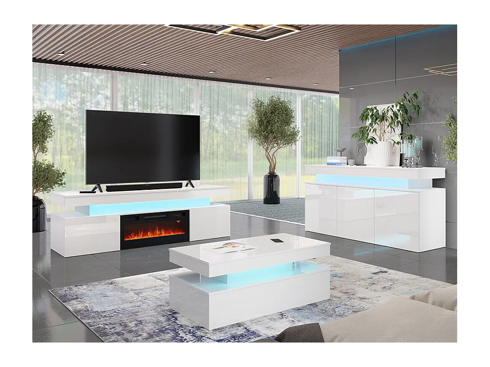 Aparador Monfero 101, Blanco|Blanco brillante, 83x160x39cm, MDF|Aglomerado laminado