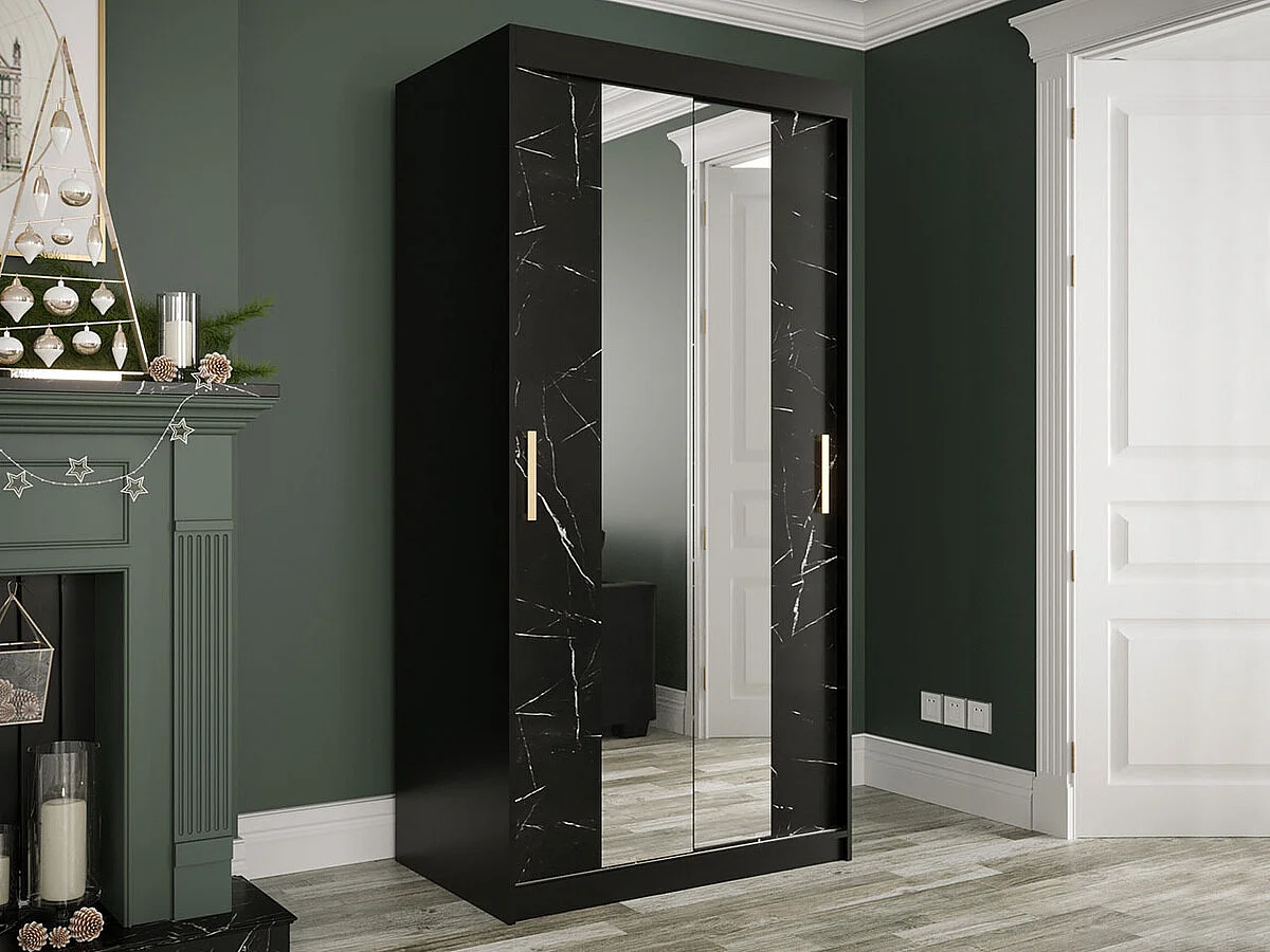 Armadio Hartford 252, Nero opaco|Marmo nero, 200x100x62cm, Porte armadi: Scorrevoli