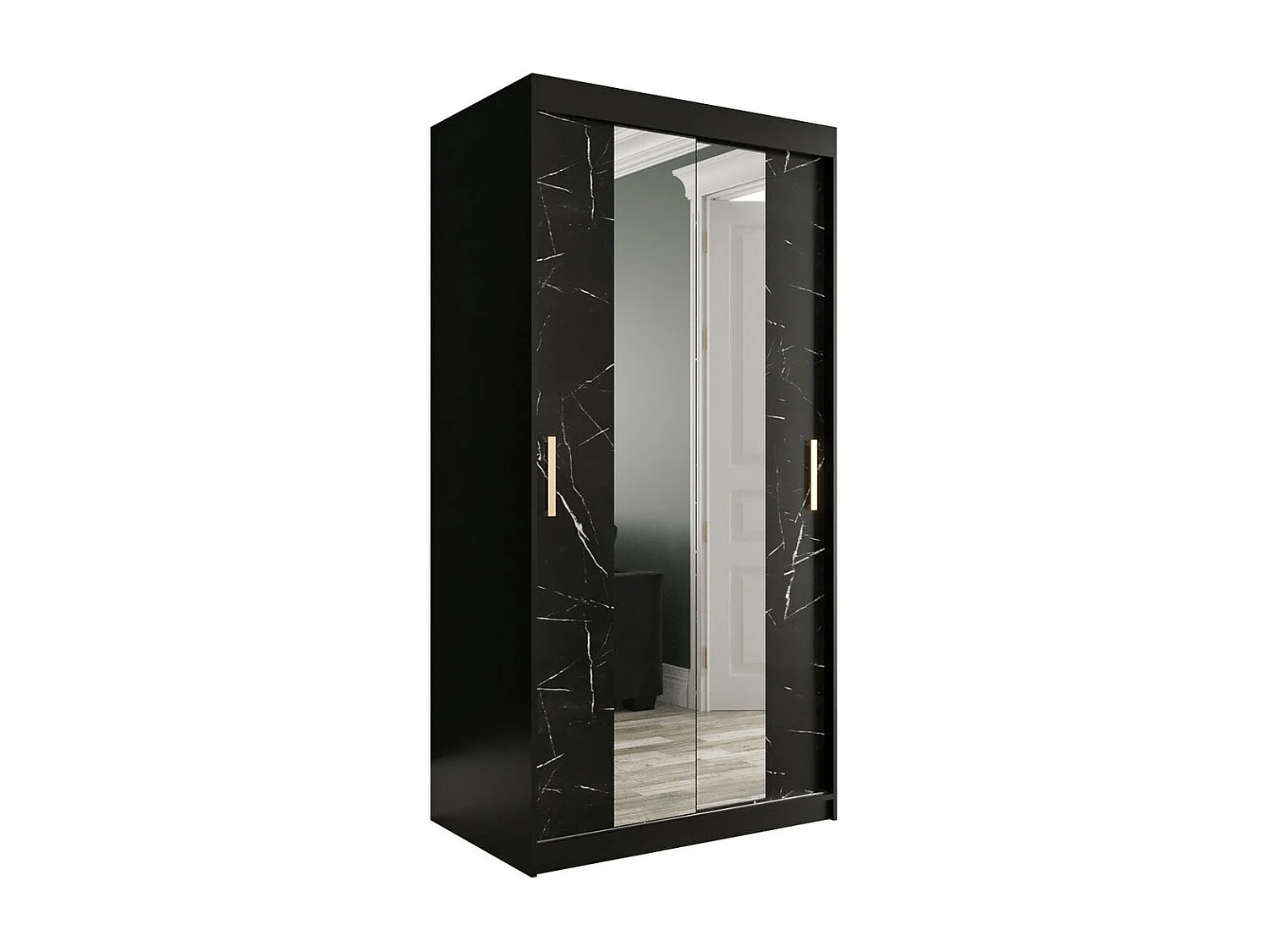 Armadio Hartford 252, Nero opaco|Marmo nero, 200x100x62cm, Porte armadi: Scorrevoli