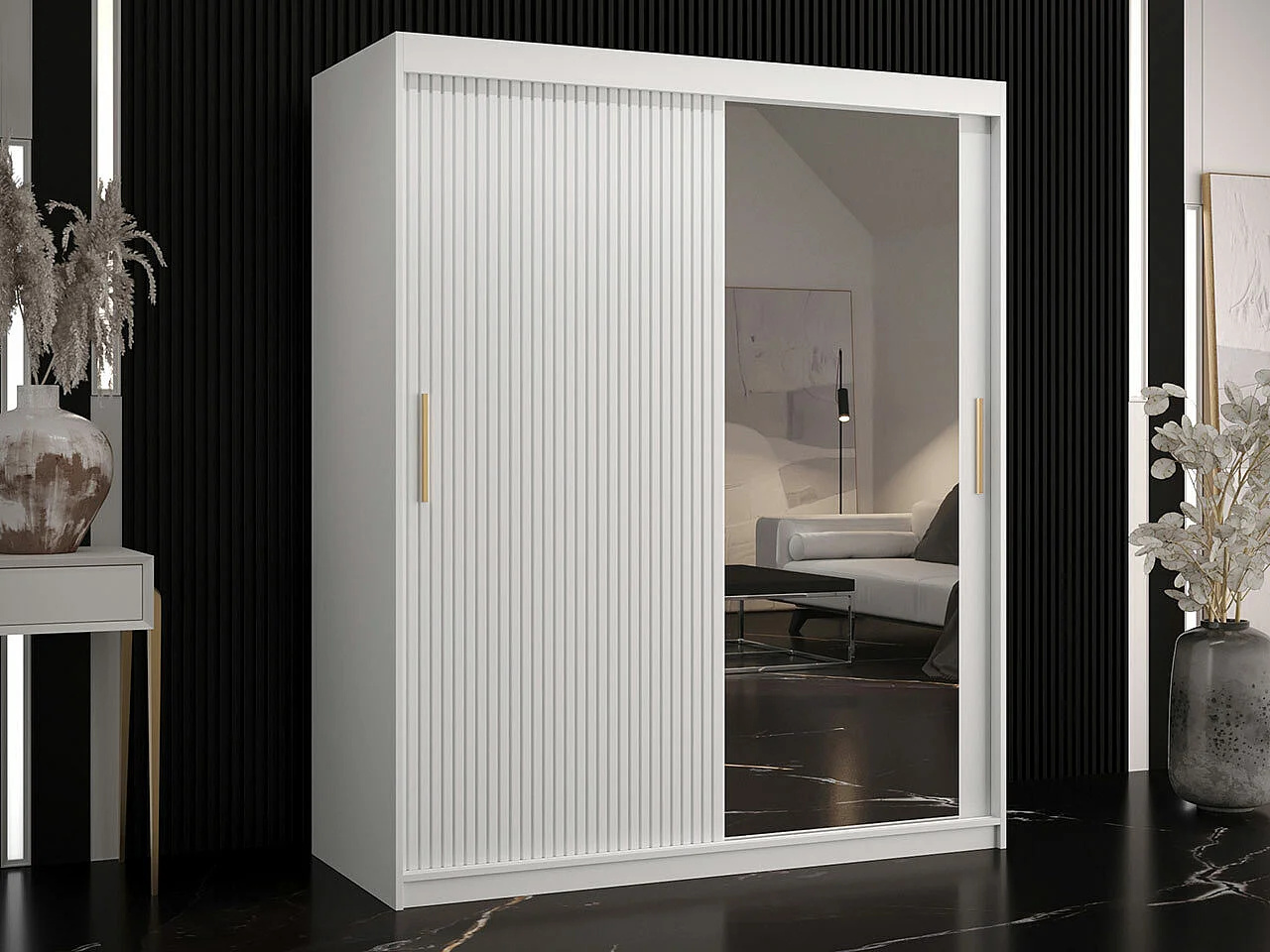 Armoire Hartford 402, Blanc, 200x150x62cm, Portes d'armoire: Coulissantes