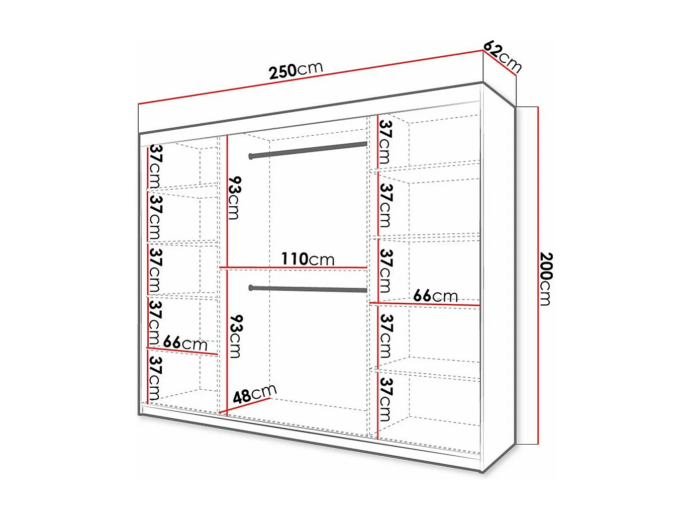 Armoire Hartford 336, Noir, 200x250x62cm, Portes d'armoire: Coulissantes
