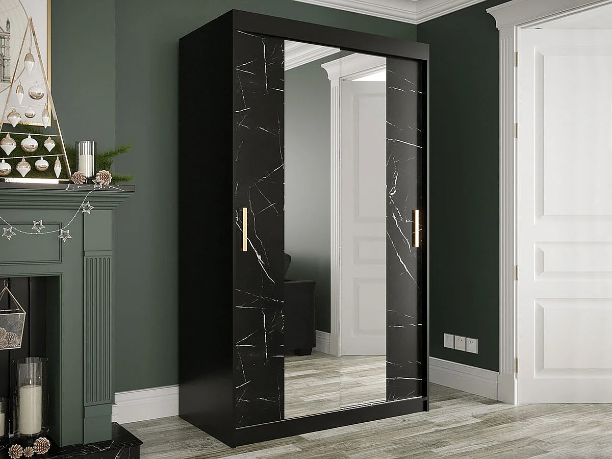 Armadio Hartford 253, Marmo nero|Nero opaco, 200x120x62cm, Porte armadi: Scorrevoli