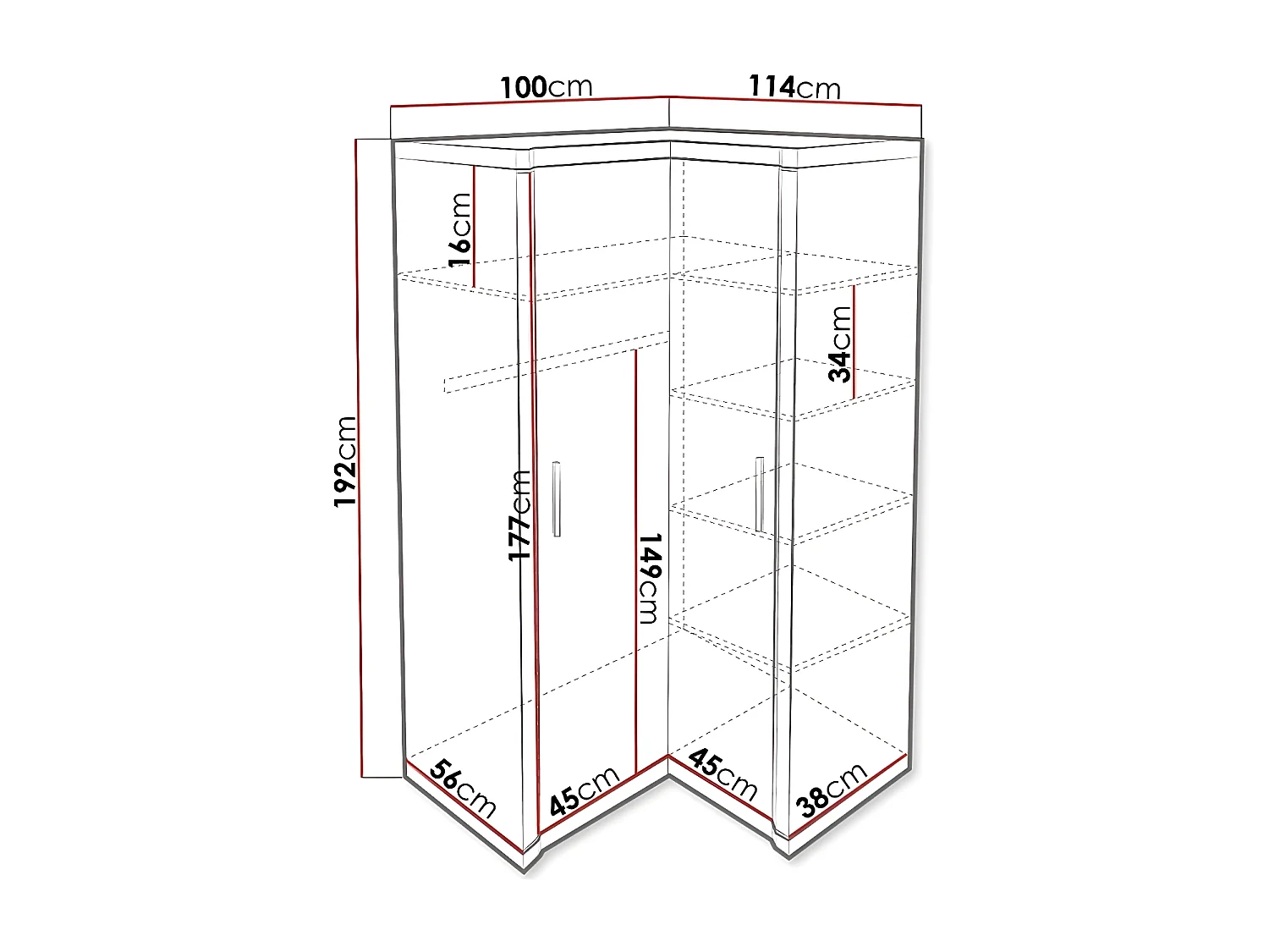 Armario de rincón Lorelie 119, Roble Sonoma, 192x114x100cm, Número de estantes: 5