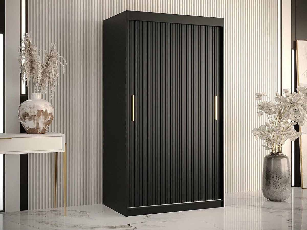 Armoire Elblaru 100, Noir, 200x100x62cm, Portes d'armoire: Coulissantes