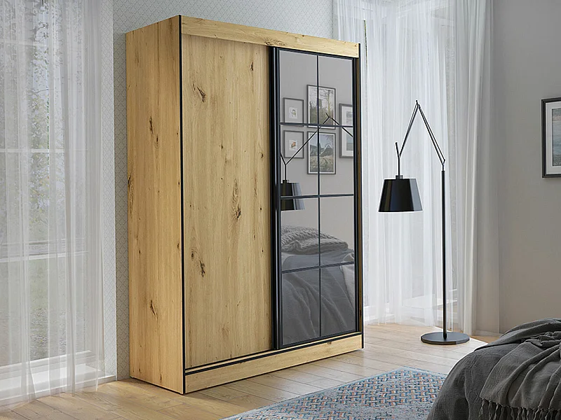 Armario Toledo 118, Roble Artisan|Negro, 216x150x65cm, Puertas de armario: Correderas