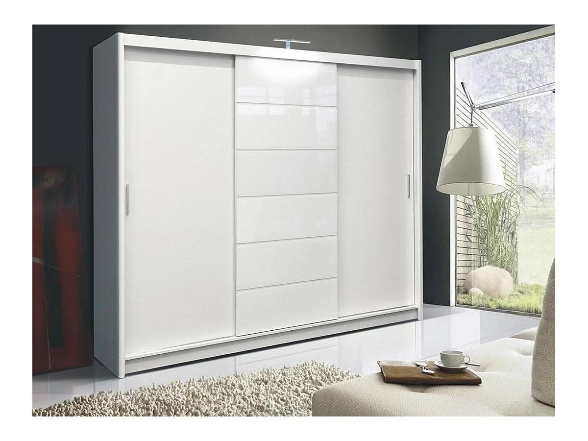 Armoire Honolulu 132, Blanc brillant|Blanc, 215x250x61cm, Portes d'armoire: Coulissantes