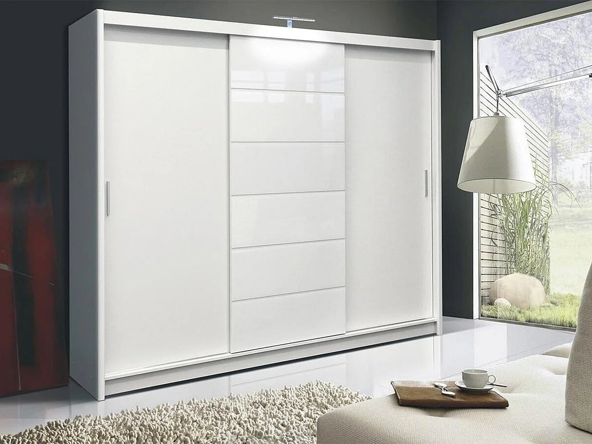 Armadio Honolulu 132, Bianco|Bianco lucido, 215x250x61cm, Porte armadi: Scorrevoli