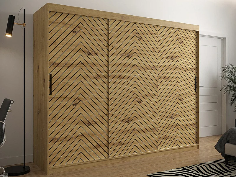 Armoire Hartford 316, Noir|Chêne Artisan, 200x250x62cm, Portes d'armoire: Coulissantes