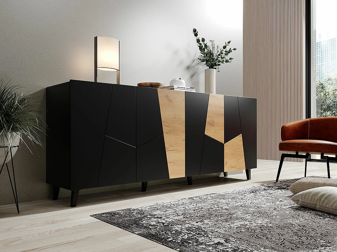 Buffet Charlotte 180, Noir|Craft chêne, 83x201cm, Le nombre de portes: 442cm