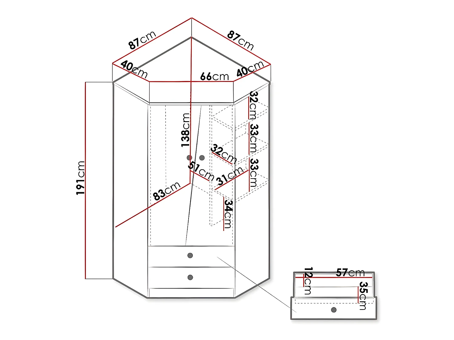 Armario de rincón Almira 101, Blanco|Roble Artisan, 191x87x87cm, Número de estantes: 3