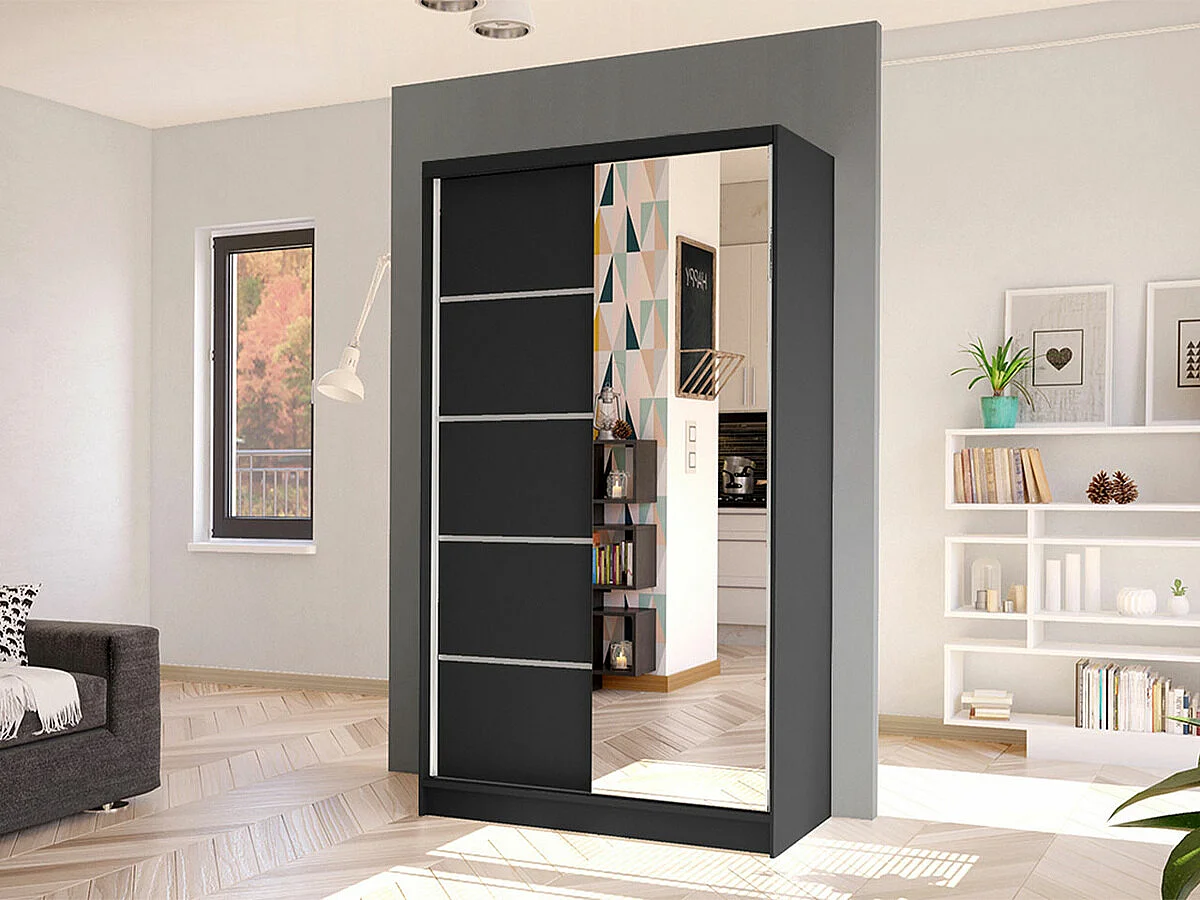 Armoire Closico 166, Noir, 200x100x58cm, Portes d'armoire: Coulissantes