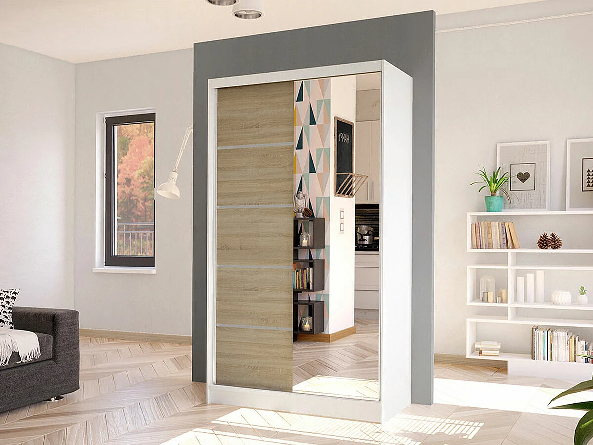 Armoire Closico 166, Blanc|Sonoma chêne, 200x100x58cm, Portes d'armoire: Coulissantes