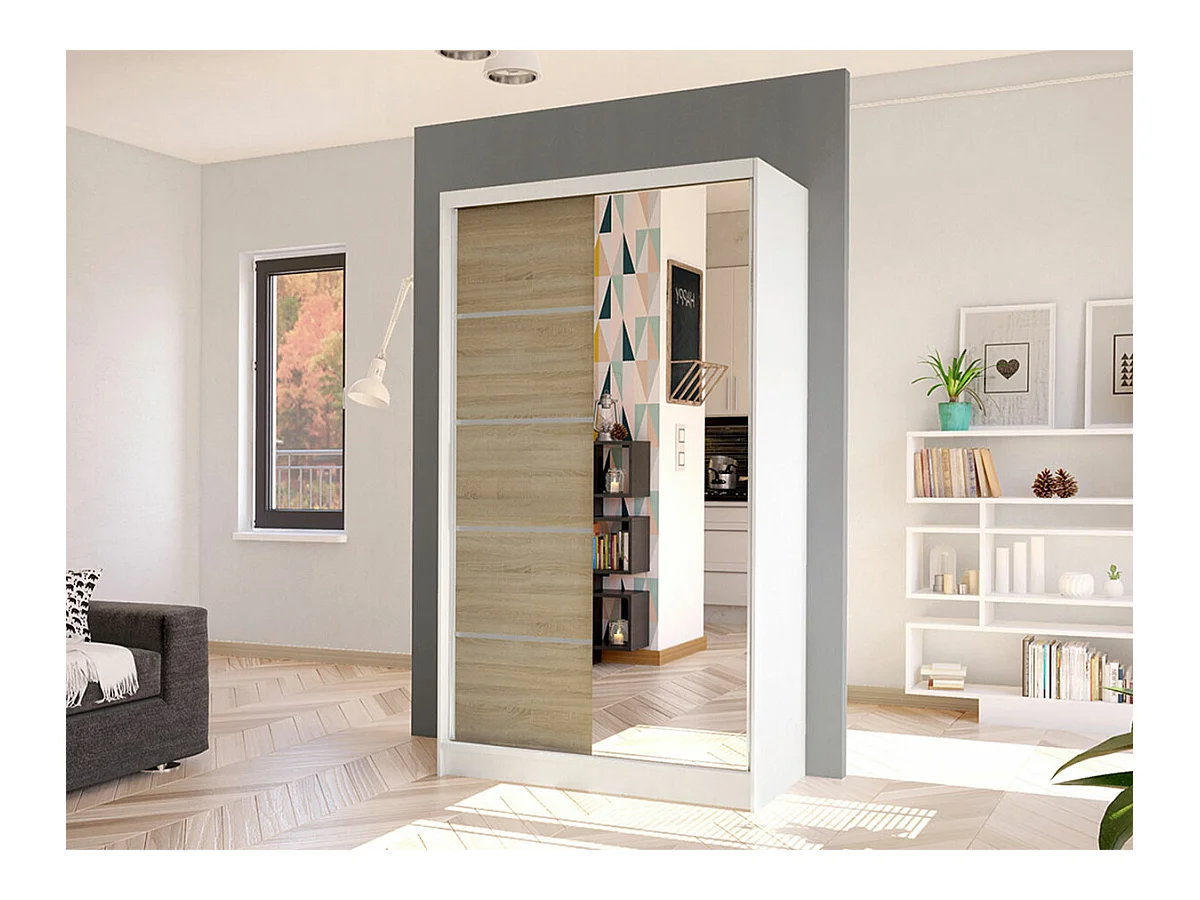 Armoire Closico 166, Sonoma chêne|Blanc, 200x100x58cm, Portes d'armoire: Coulissantes