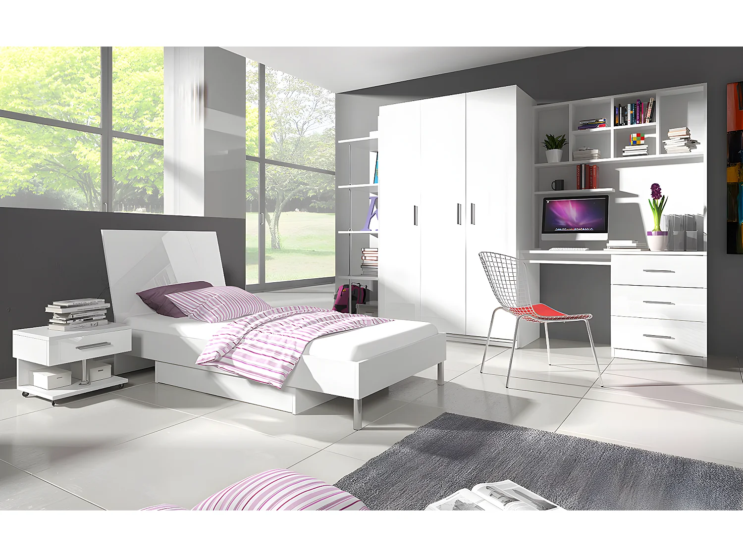 Armario Salmere 108, Blanco|Blanco brillante, 198x120x55cm, Número de estantes: 6