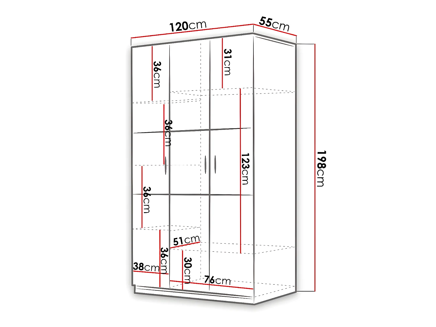 Armario Salmere 108, Blanco|Blanco brillante, 198x120x55cm, Número de estantes: 6