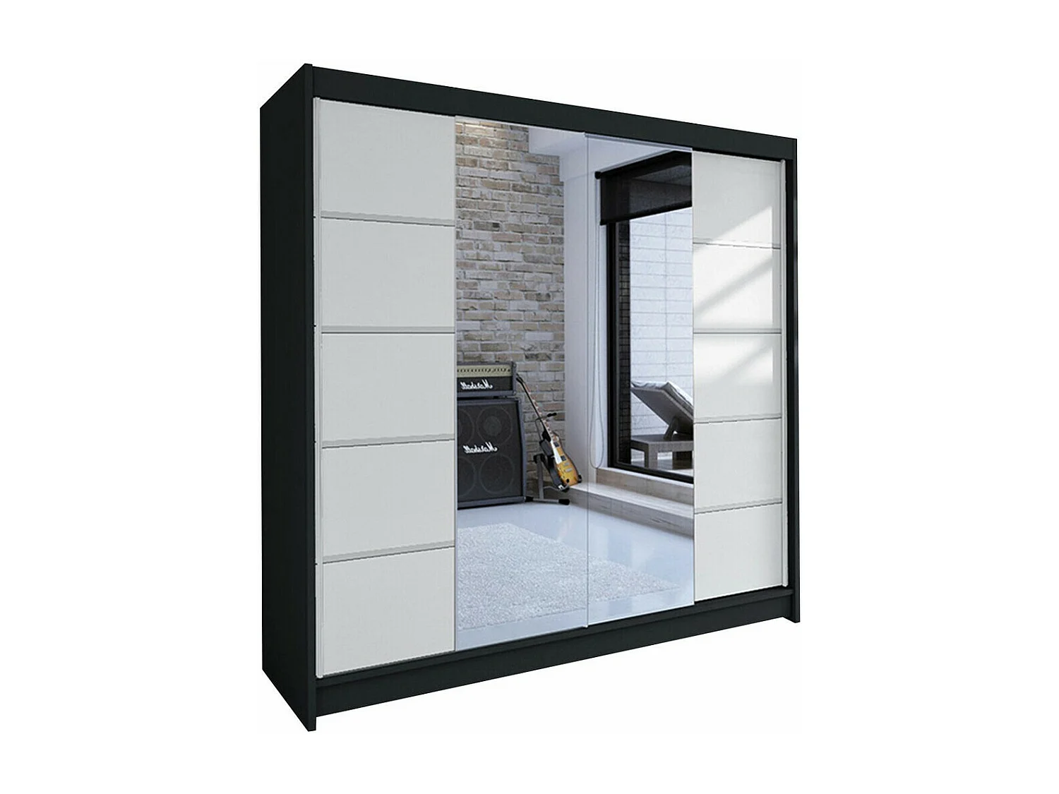 Armoire Closico 154, Blanc|Noir, 215x180x58cm, Portes d'armoire: Coulissantes