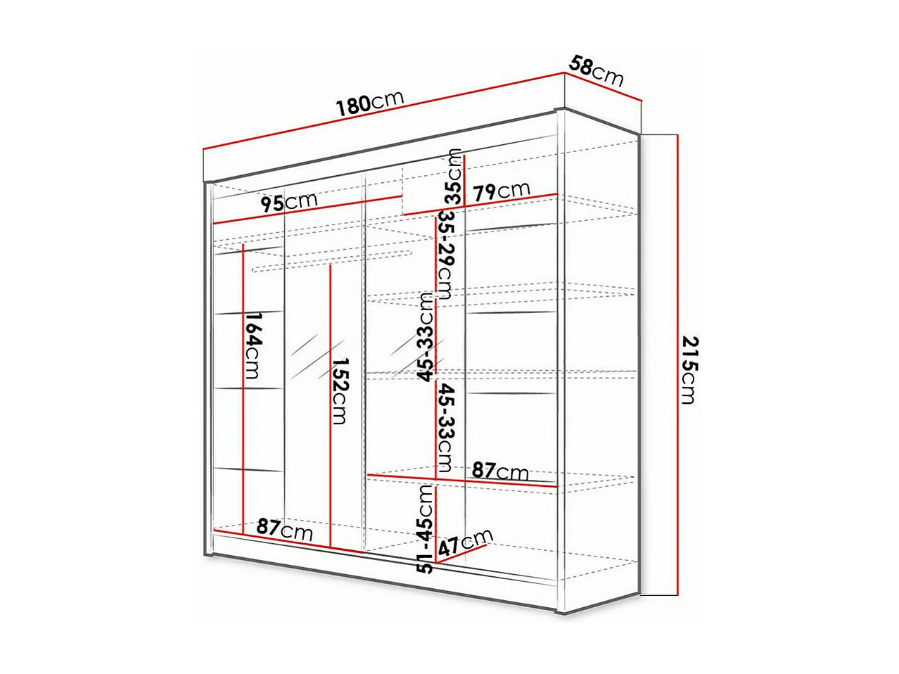 Armoire Closico 154, Blanc|Noir, 215x180x58cm, Portes d'armoire: Coulissantes