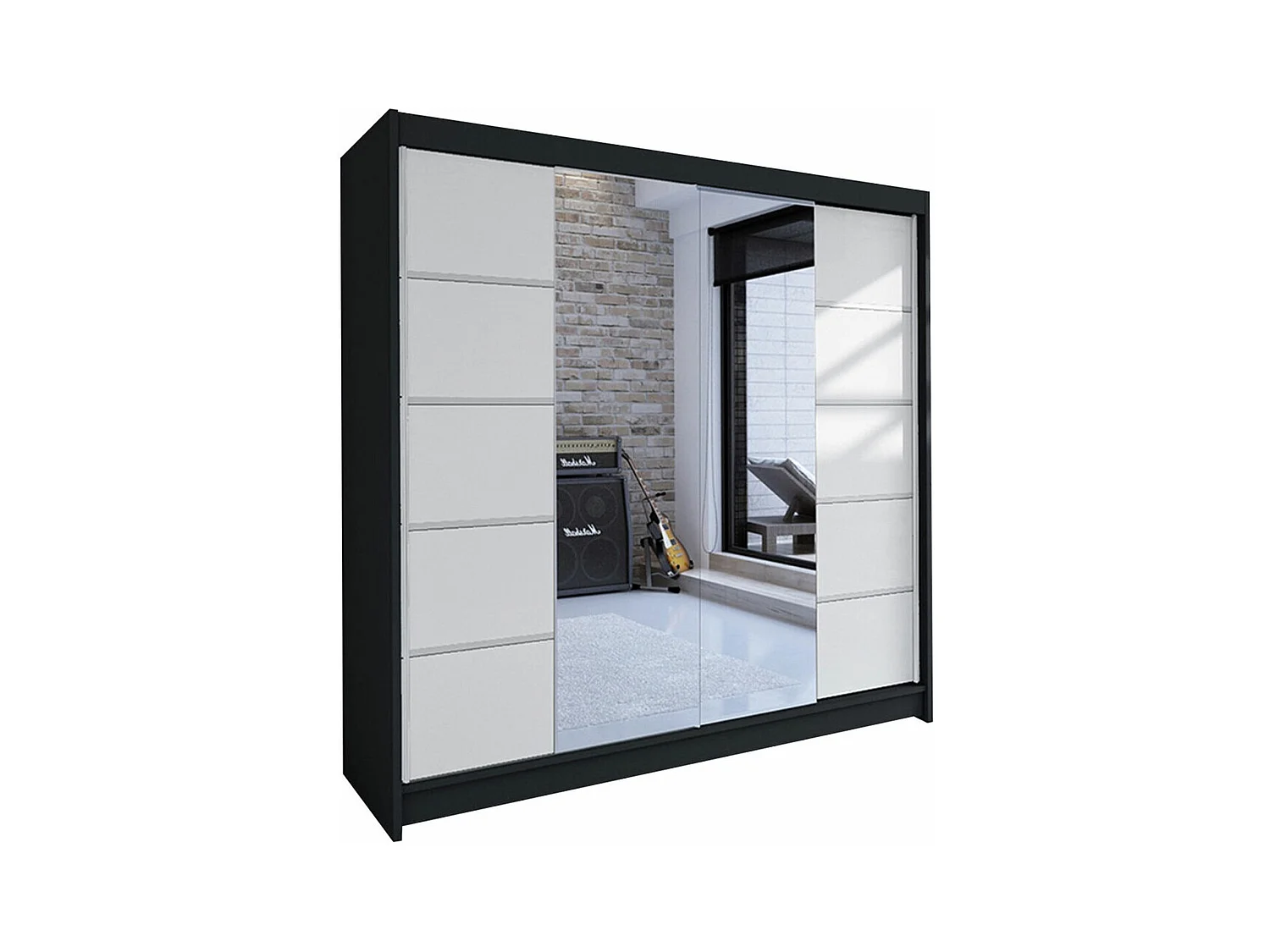 Guardaroba Closico 154, Nero|Bianco, 215x180x58cm, Porte guardaroba: Scorrevoli