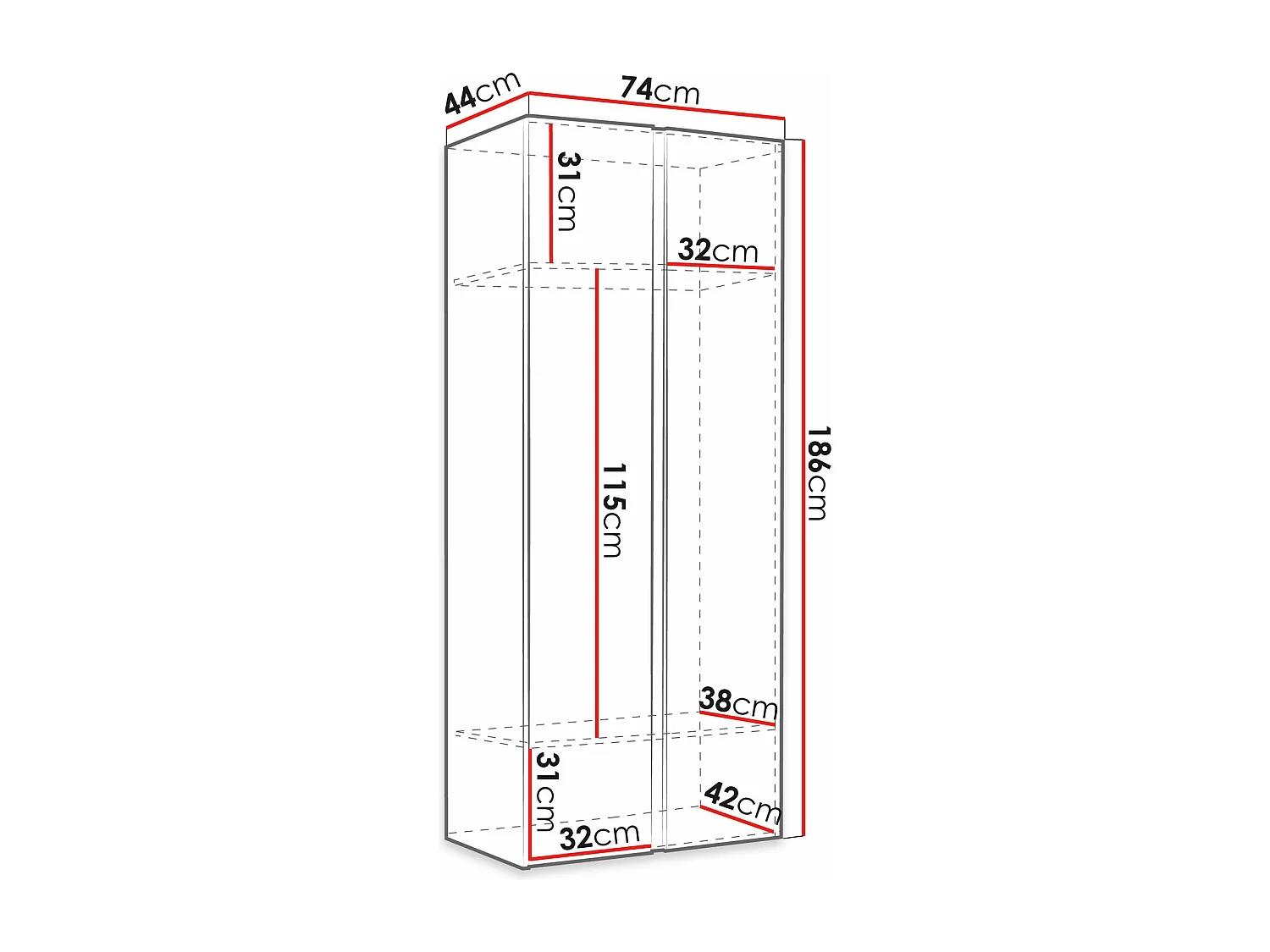 Armoire Hartford 394, Blanc, 186x74x44cm, Portes d'armoire: Avec des charnières