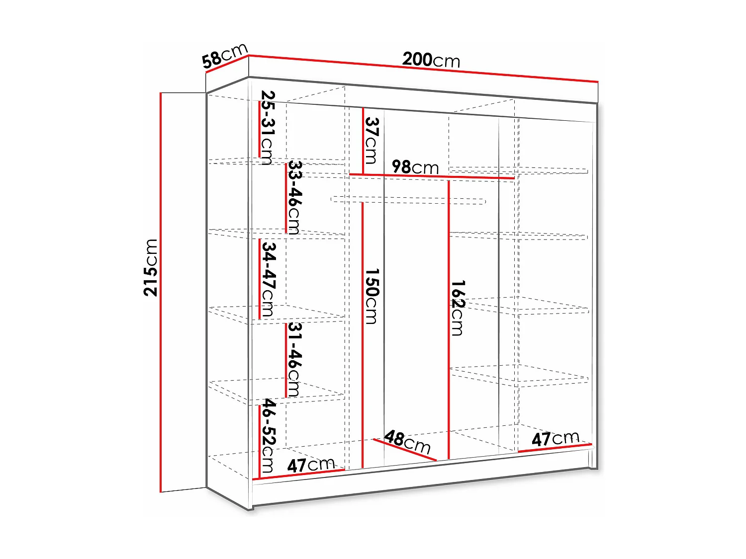 Armoire Closico 159, Noir, 215x200x58cm, Portes d'armoire: Coulissantes