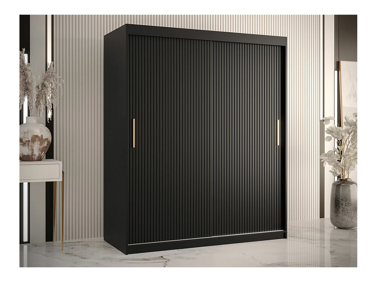 Armoire Hartford 399, Noir, 200x150x62cm, Portes d'armoire: Coulissantes