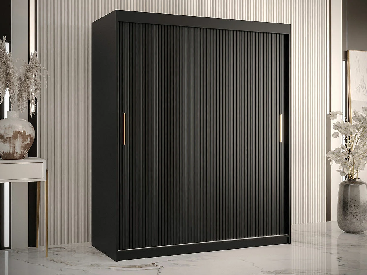 Armoire Hartford 399, Noir, 200x150x62cm, Portes d'armoire: Coulissantes