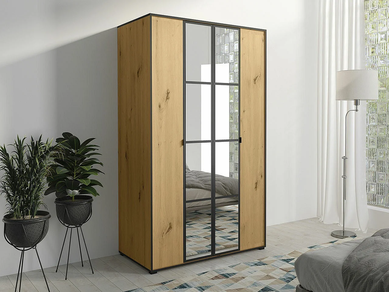 Armario Toledo 117, Negro|Roble Artisan, 206x120x65cm, Puertas de armario: Con bisagras