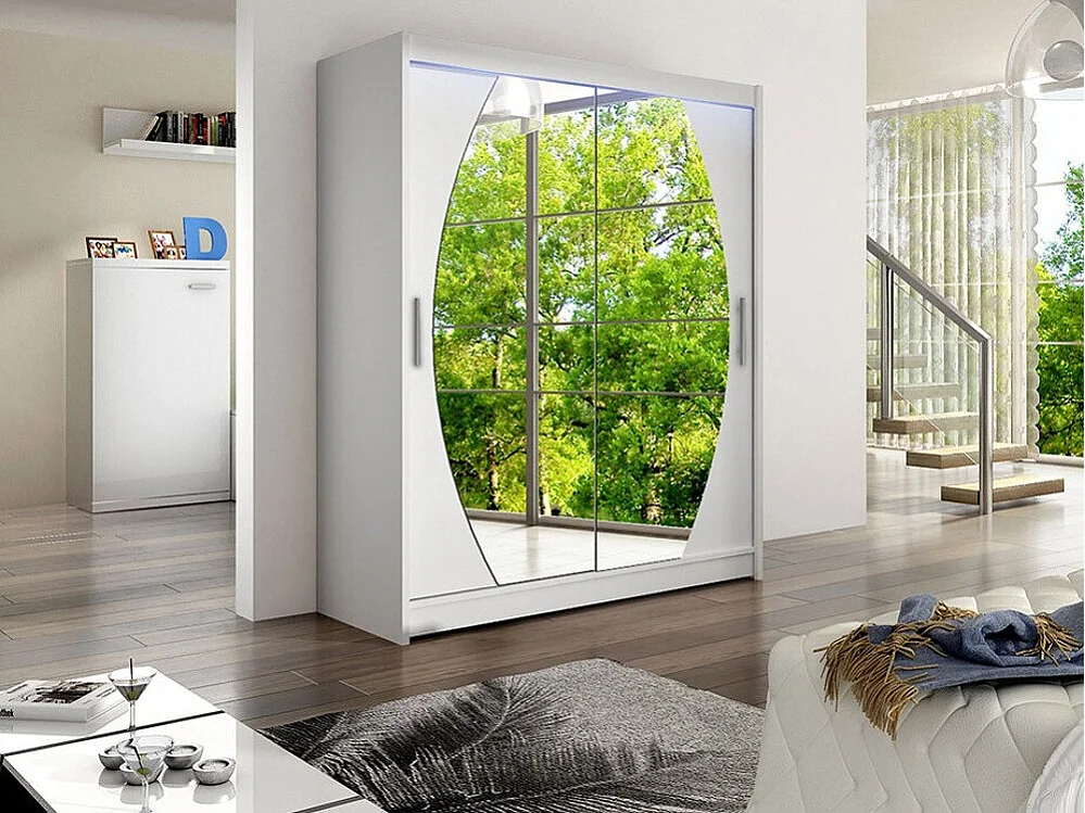 Armoire Closico 121, Blanc, 200x150x58cm, Portes d'armoire: Coulissantes