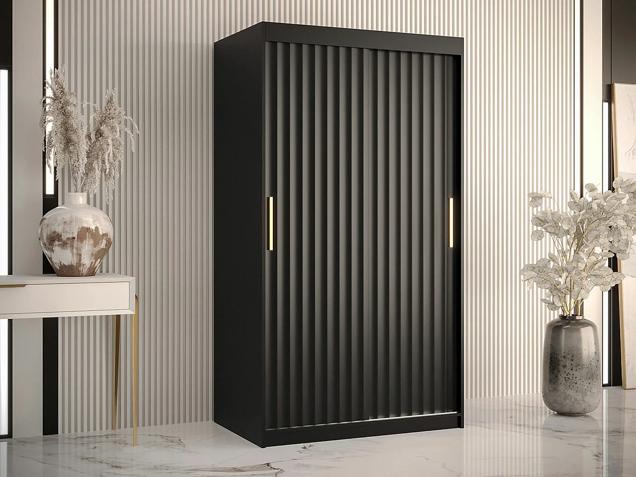 Armoire Hartford 334, Noir, 200x100x62cm, Portes d'armoire: Coulissantes