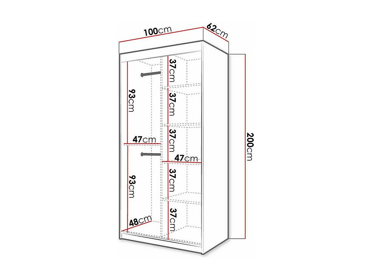 Armoire Hartford 334, Noir, 200x100x62cm, Portes d'armoire: Coulissantes