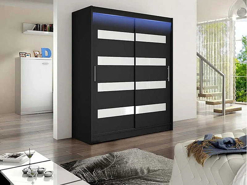 Armario Closico 113, Negro, 200x150x58cm, Puertas de armario: Correderas