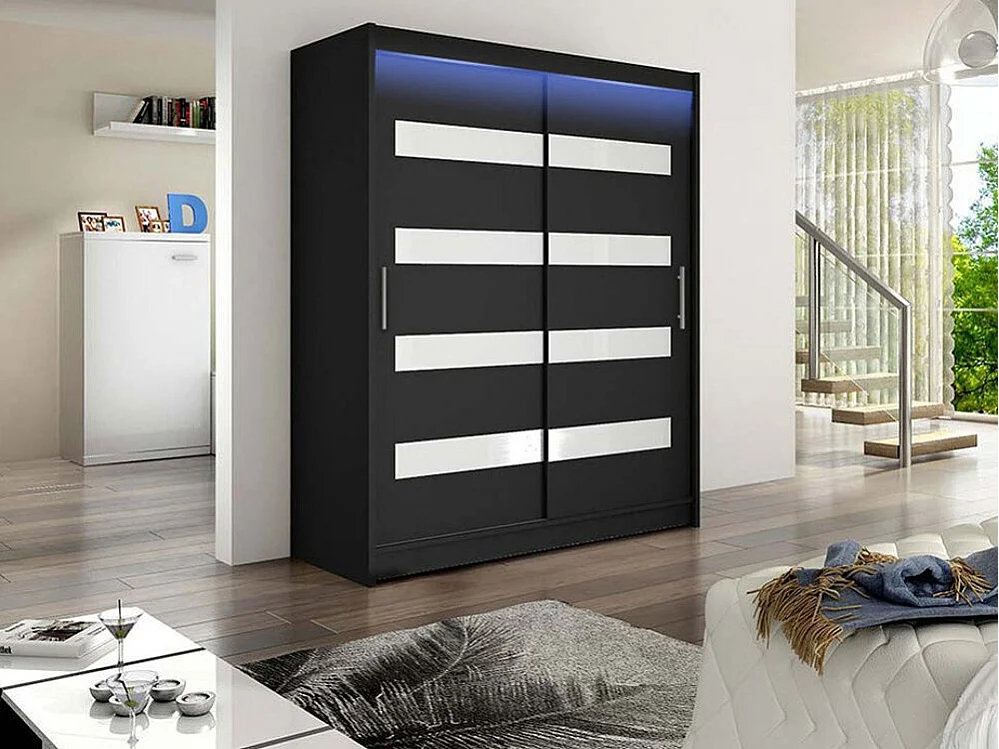 Armario Closico 113, Negro, 200x150x58cm, Puertas de armario: Correderas