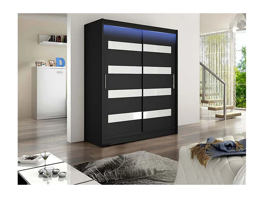 Armoire Closico 113, Noir, 200x150x58cm, Portes d'armoire: Coulissantes