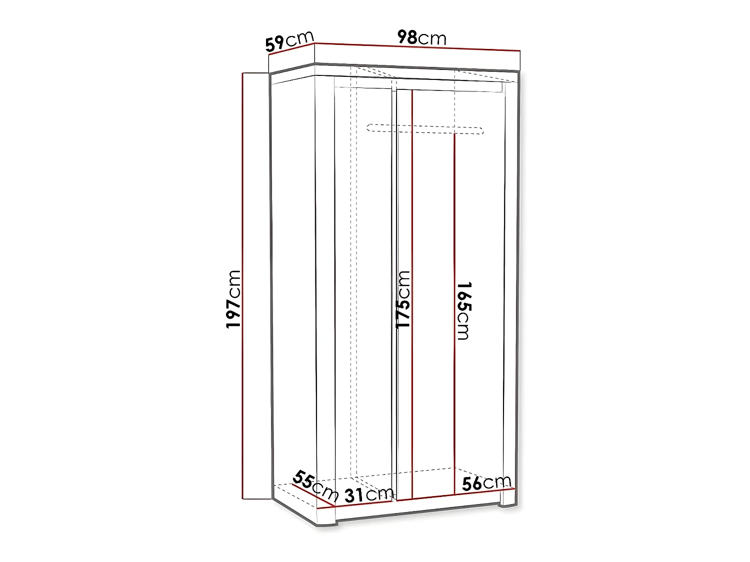 Armario Etrmona 100, Blanco brillante|Ribbeck roble, 197x98x59cm