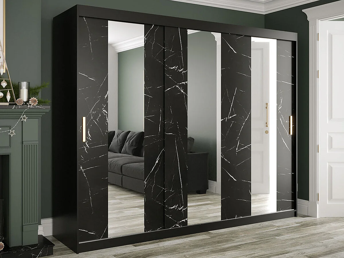 Armadio Hartford 245, Nero opaco|Marmo nero, 200x250x62cm, Porte armadi: Scorrevoli