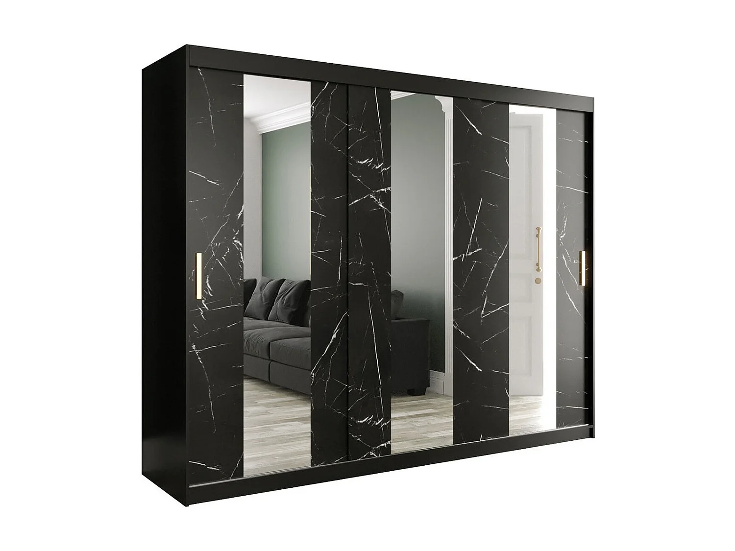 Armadio Hartford 245, Nero opaco|Marmo nero, 200x250x62cm, Porte armadi: Scorrevoli