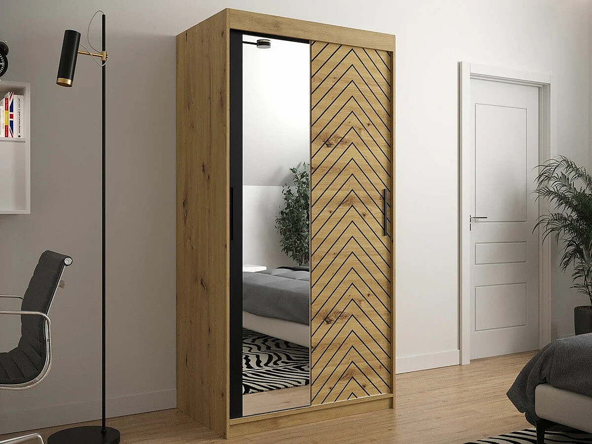Armoire Hartford 307, Noir|Chêne Artisan, 200x100x62cm, Portes d'armoire: Coulissantes